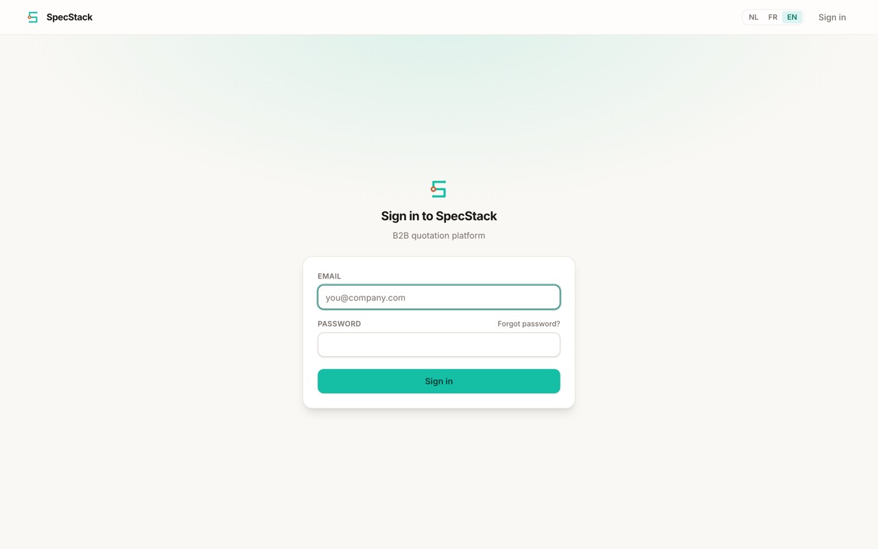 The SpecStack sign-in screen with an email and password box.