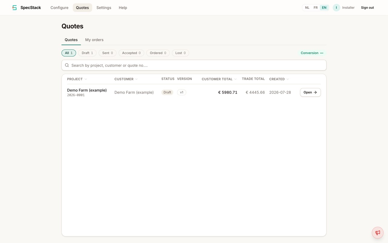 The quotes list with status filters, search and a saved quote.