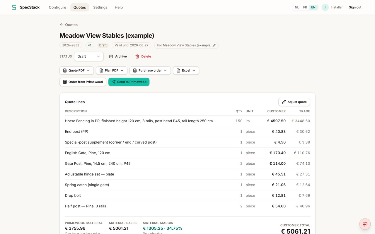 A quote page showing the quote number, status, export buttons and priced lines.
