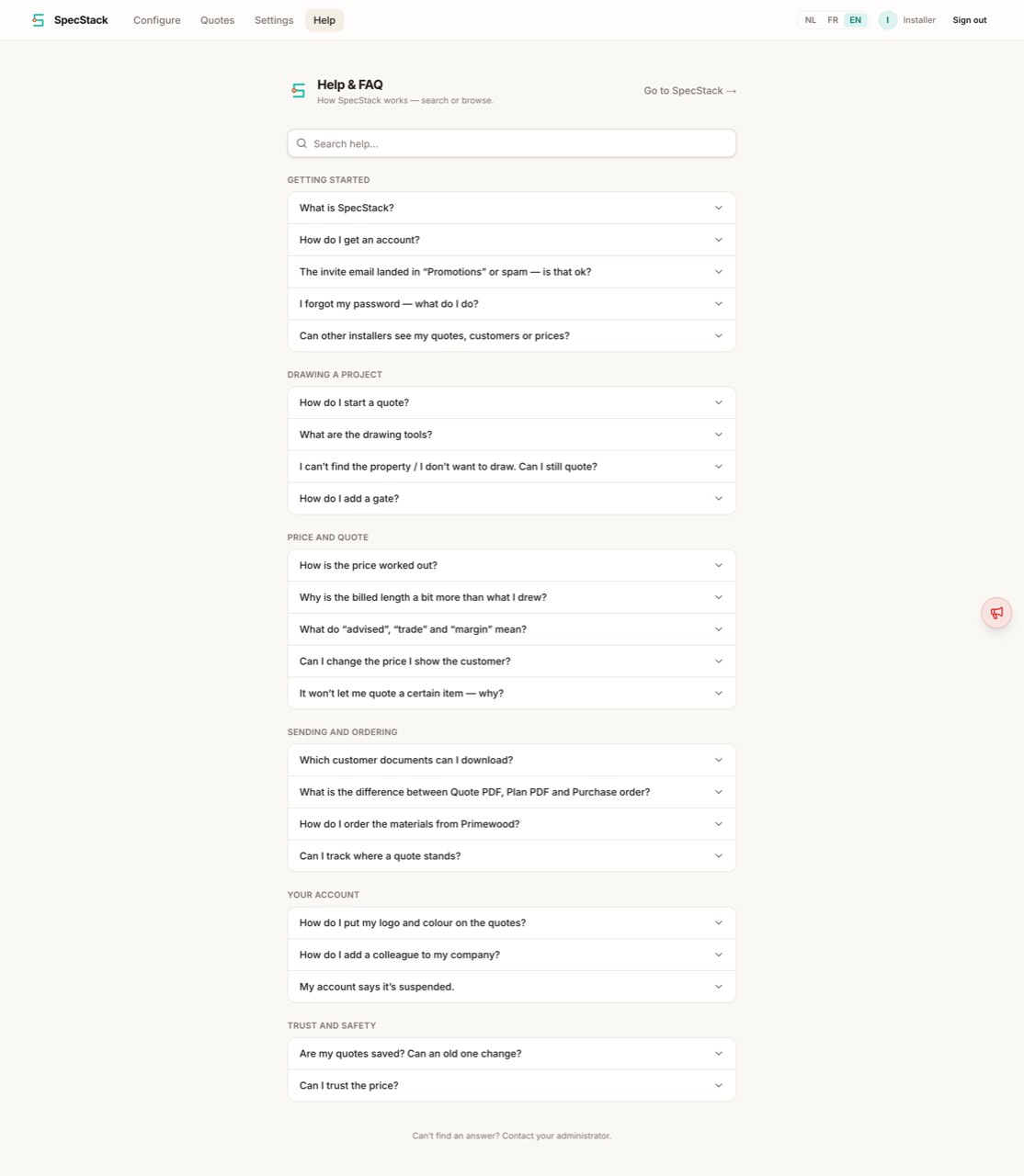 The SpecStack help page.