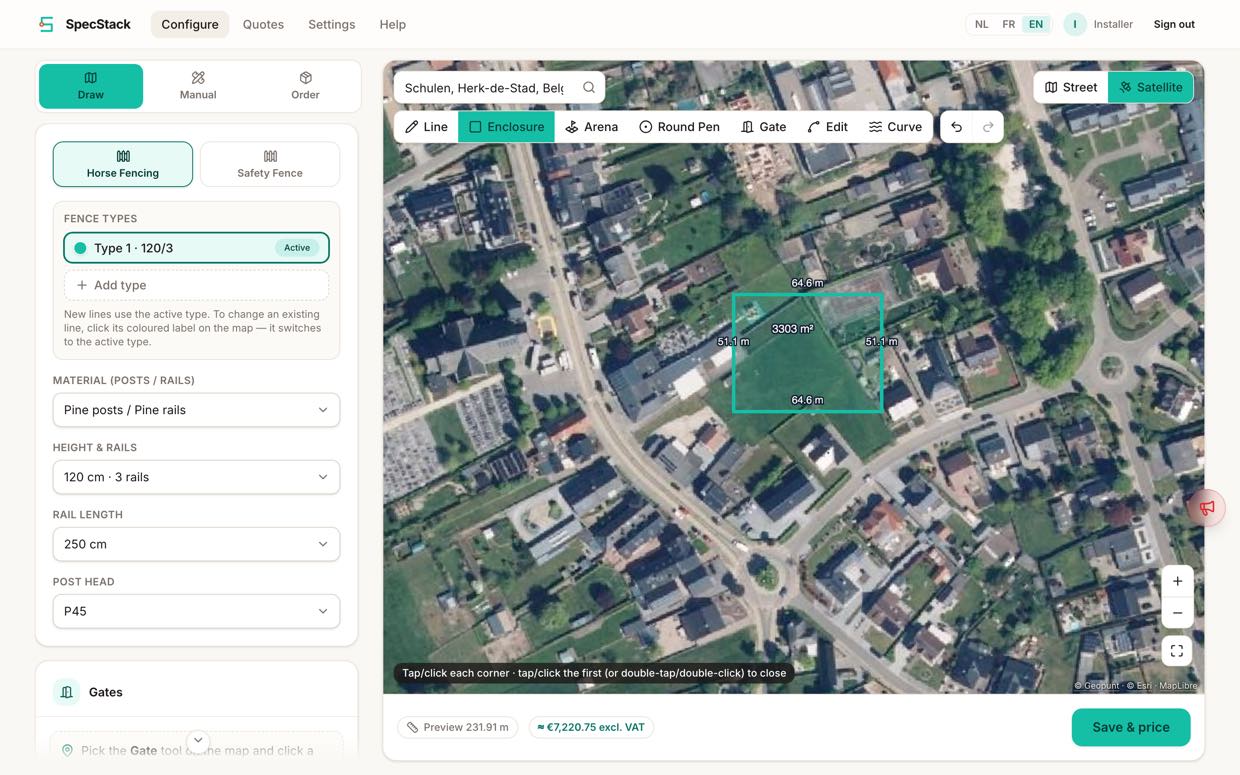 A paddock drawn on a green field, 64.6 m by 51.1 m, showing 231.91 m of fence and about €7,220.75.