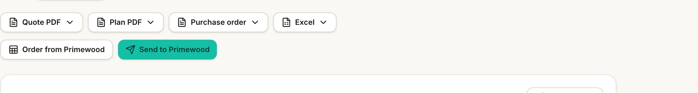 The quote action row: Quote PDF, Plan PDF, Purchase order, Excel, Order from Primewood and Send to Primewood.